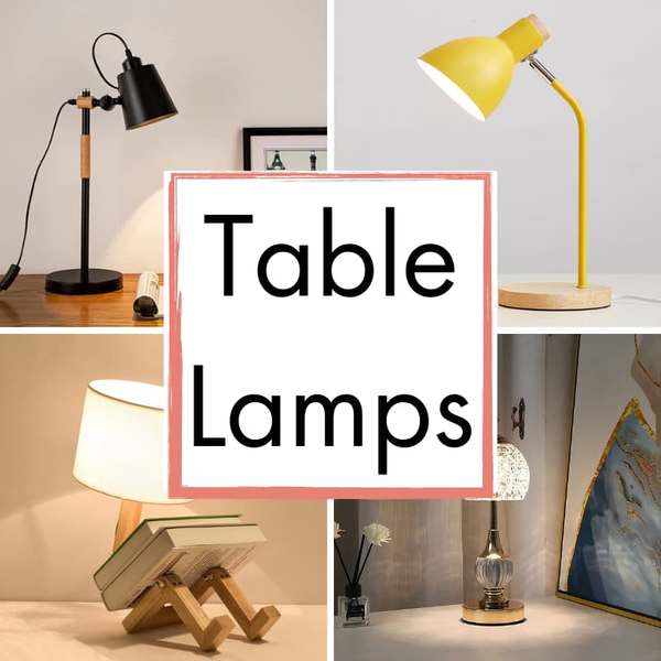 Collage of elegant table lamps, including minimalist, industrial, and wooden designs for cozy home lighting.