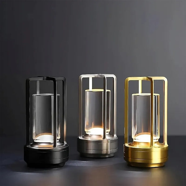 Rechargeable metallic lamp with crystal-like glass centerpiece, elegant design, Ethereal Glow collection.