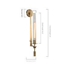 Dimensions diagram of the brass wall light, showing height, width, and wall distance.