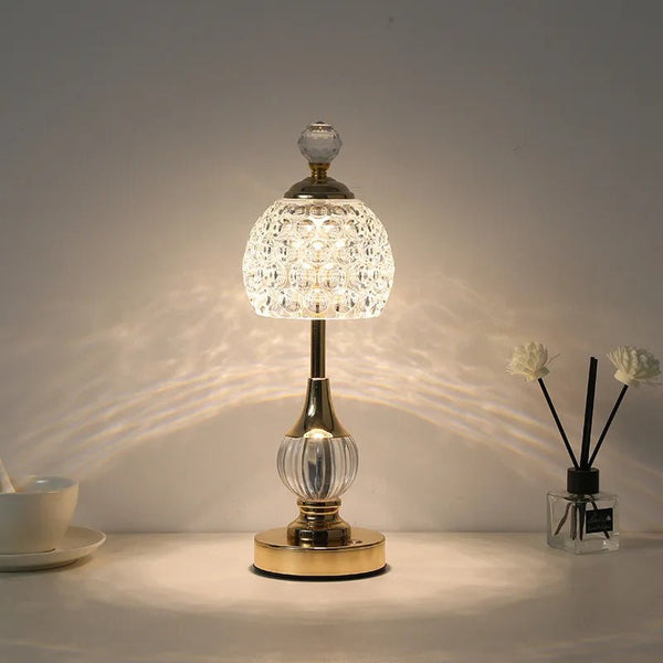 Cordless rechargeable crystal lamp with 5600mAh battery, perfect for emergency lighting and home decor.