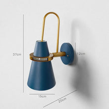 Dimensions of the modern wall light in blue and gold finish, showing height, width, and depth measurements.