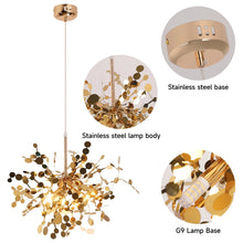 A stylish gold pendant ceiling lamp with a modern artistic design, featuring circular metallic elements.