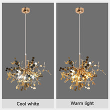 A comparison of warm and cool light temperature options for a gold decorative ceiling lamp.