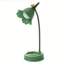 Stylish green LumiBloom Table Lamp with touch-control LED lighting and rechargeable battery.