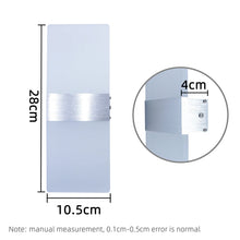 Dimensions of the LumoGlow Warm LED Wall Lamp with 28 cm height, 10.5 cm width, and 4 cm depth.