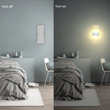 LumoGlow Warm LED Wall Lamp turned off and on in a modern bedroom setting, showing warm illumination.