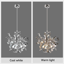 A side-by-side comparison of warm and cool light settings for a silver decorative ceiling lamp.