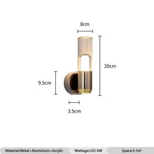 Dimension diagram of Luxor wall light: 20cm height, 8cm width, with aluminum and acrylic materials.