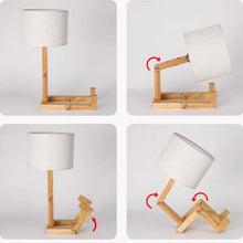 A step-by-step guide showing the adjustable positions of the WoodFlex Table Lamp.