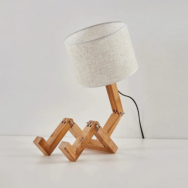 WoodFlex Table Lamp with a beige fabric lampshade, featuring an adjustable wooden body and a modern minimalist design.